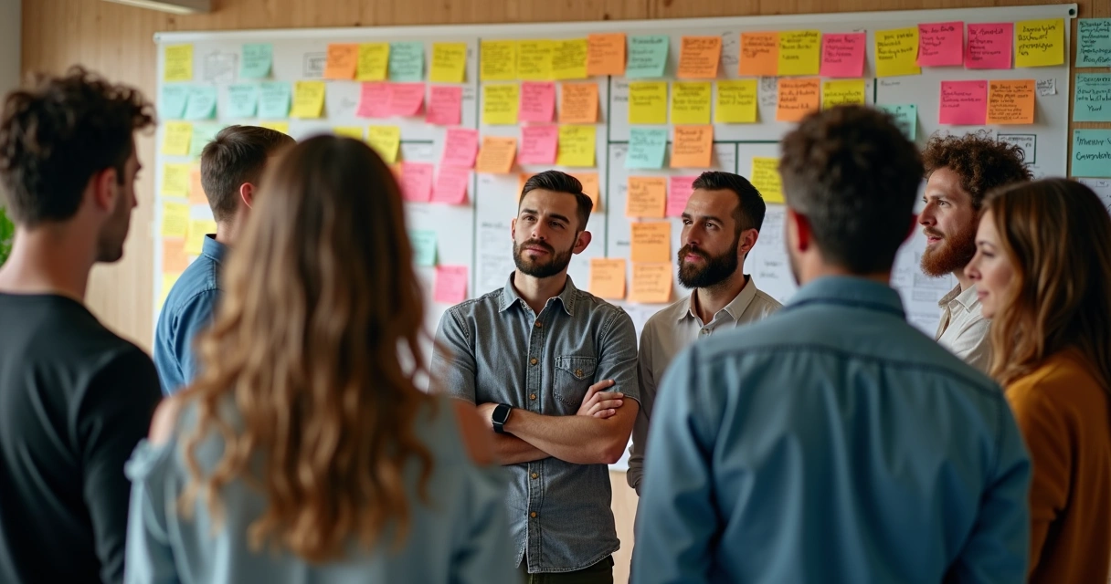 Diverse team standing in circle, one person speaking while others listen, post-it notes in background 