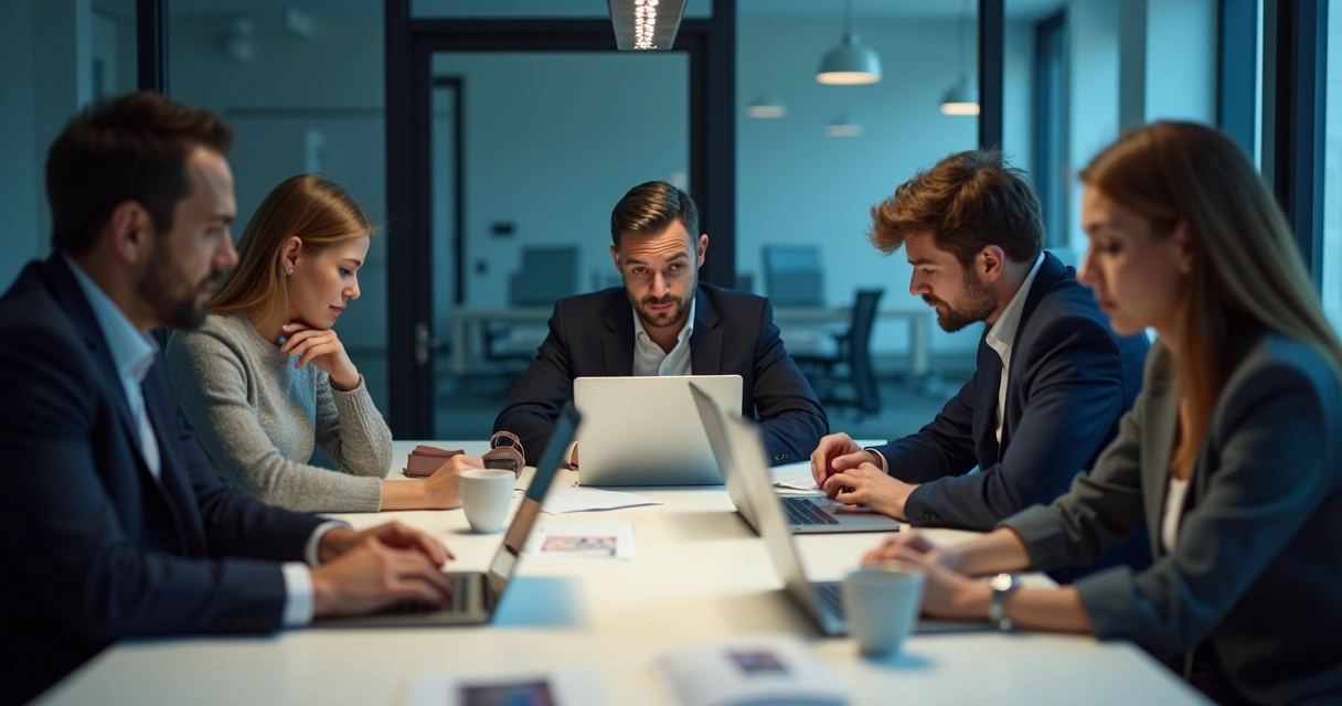 Colleagues in a meeting, quietly working on laptops, avoiding eye contact with each other 