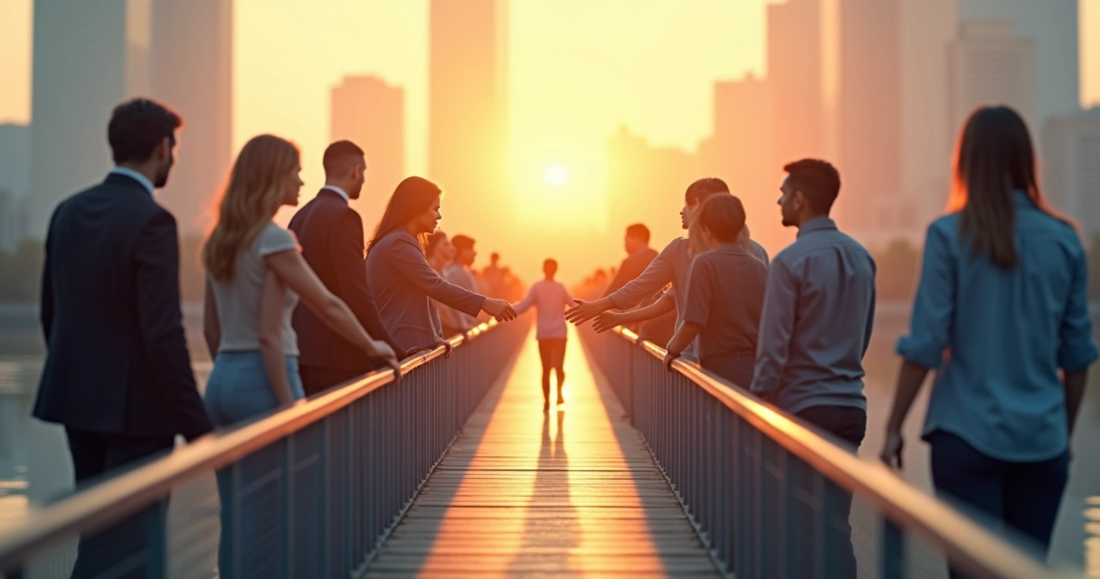 Bridge with people on opposite sides reaching out in the middle, abstract cityscape background, sunrise 