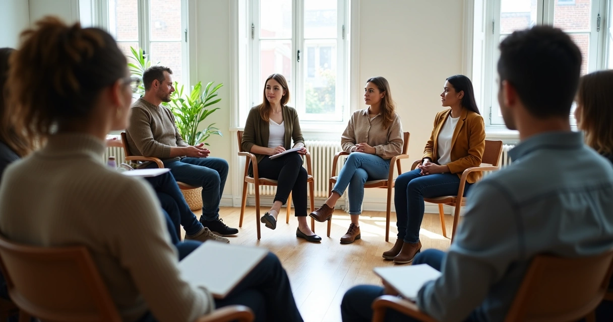 People sitting in a circle at a workshop, engaging in open conversation