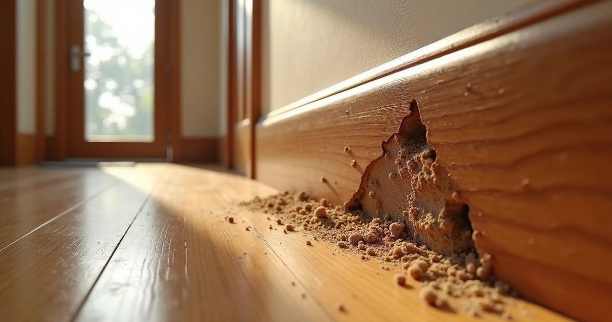 Cupins destruindo rodapé de madeira em condomínio 