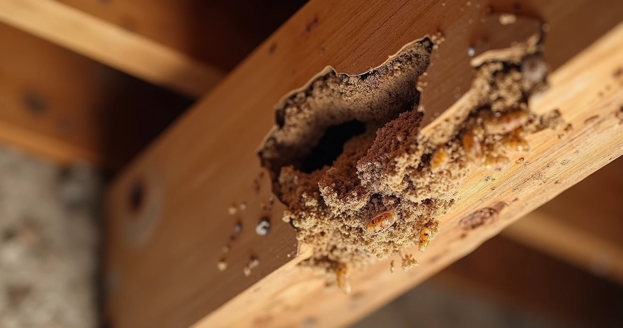 Danos de cupins em madeira com vestígios característicos 