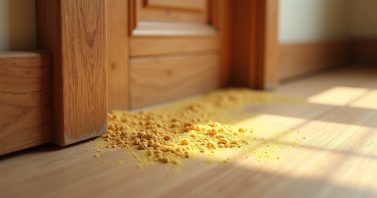 Pó de cupim acumulado ao lado de rodapé de madeira 