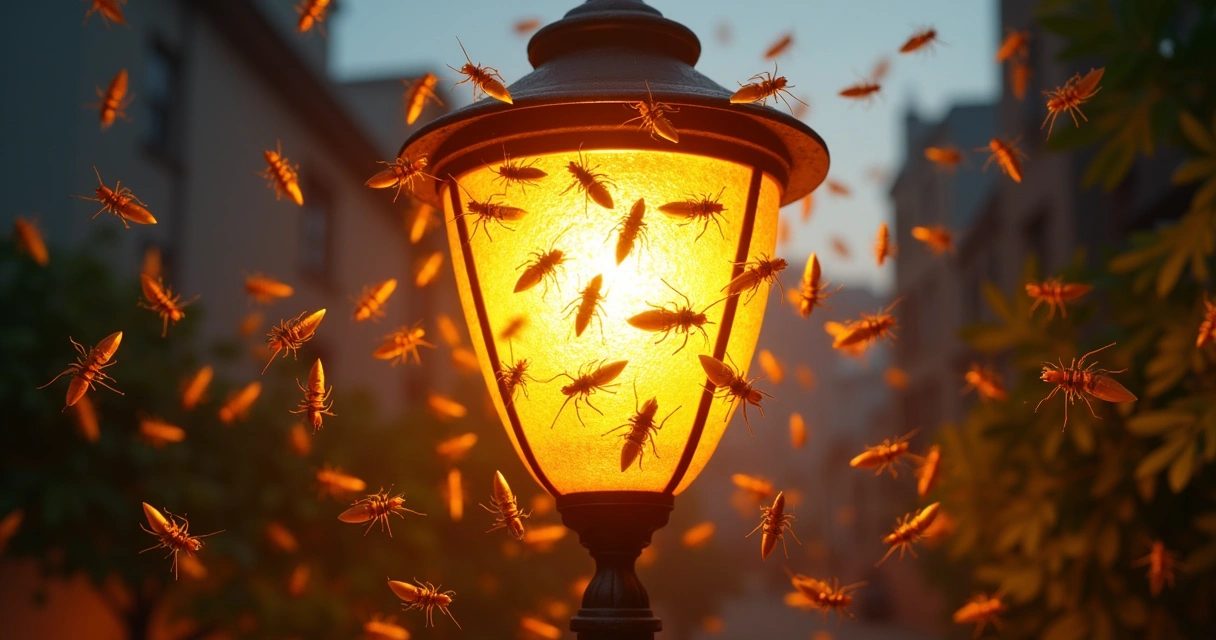 Cupins alados voando ao redor de luminária acesa 
