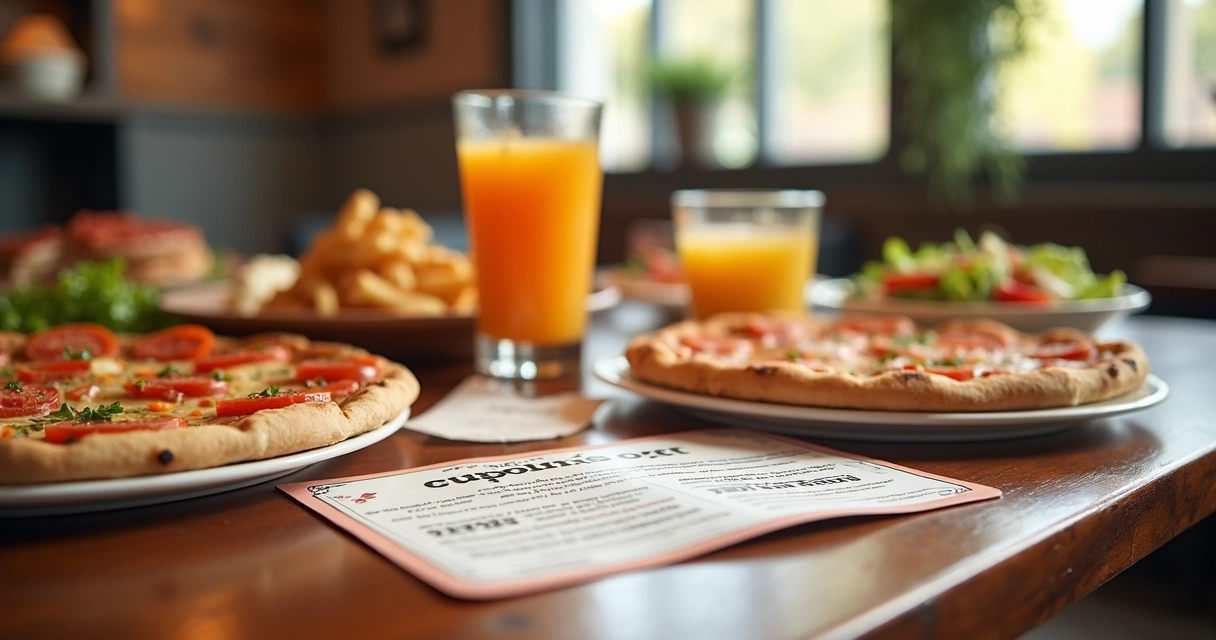 Mesa com pedidos de delivery e cupom de desconto visível sobre a mesa 