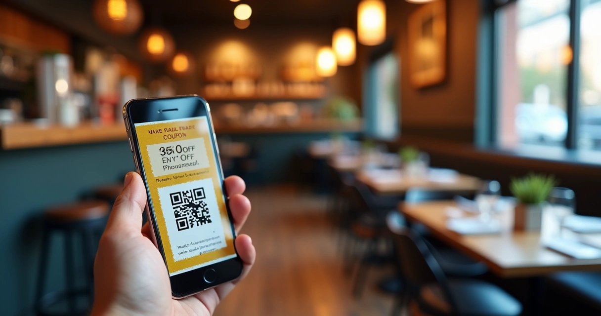 Mão segurando celular mostrando cupom de desconto digital com fundo de restaurante moderno 