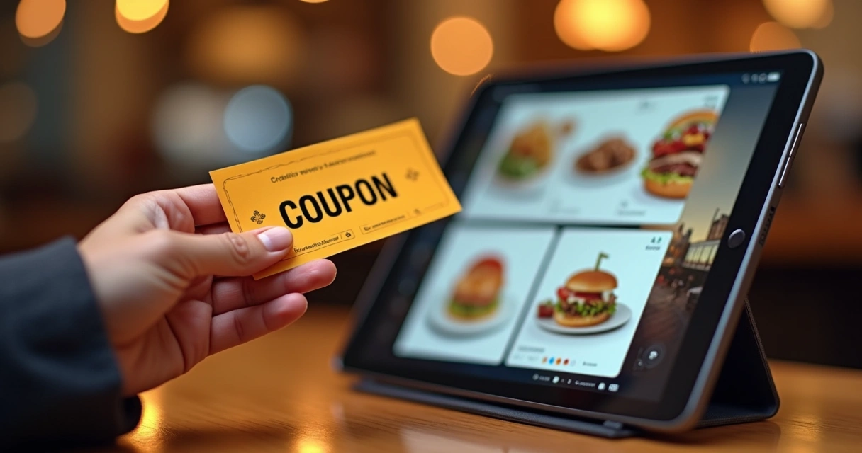 Mão segura cupom digital em frente a tela de pedidos de restaurante 