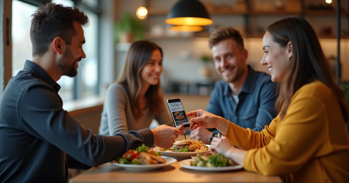 Cupom de desconto digital sendo apresentado por garçonete para casal em restaurante 