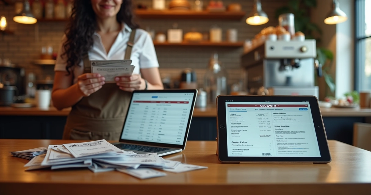 Garçom com cartõezinhos e tela com cupons digitais lado a lado