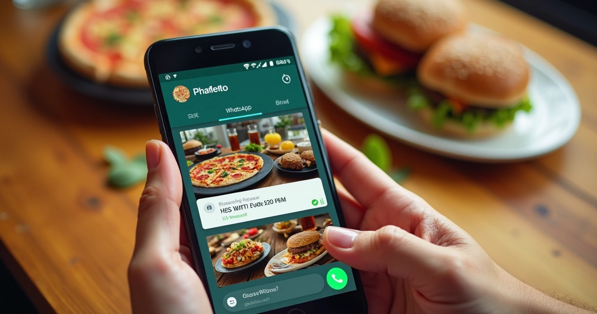 Celular mostra cupom de desconto digital no WhatsApp de restaurante. 