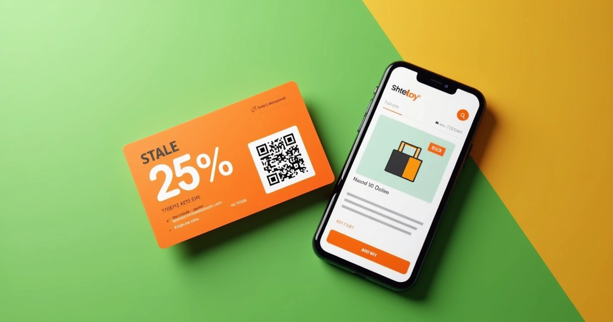 Cupom de desconto digital com QR Code ao lado de loja online em tela de smartphone 