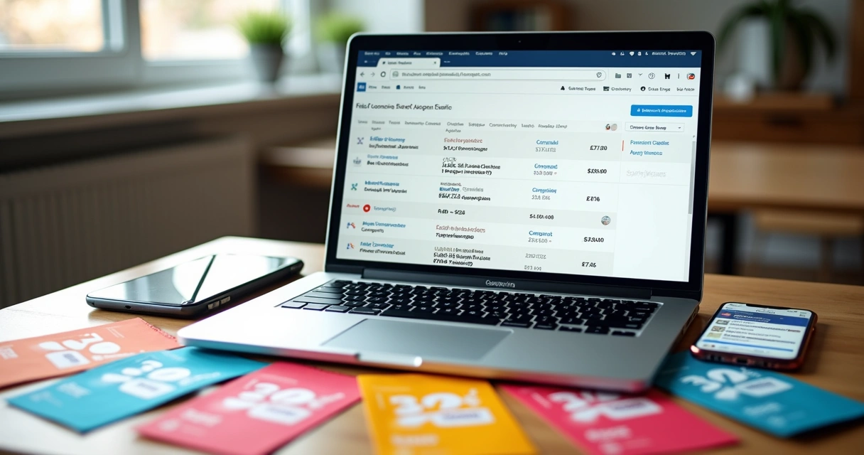 Cupons de desconto ao lado de um computador com links de afiliados exibidos na tela 