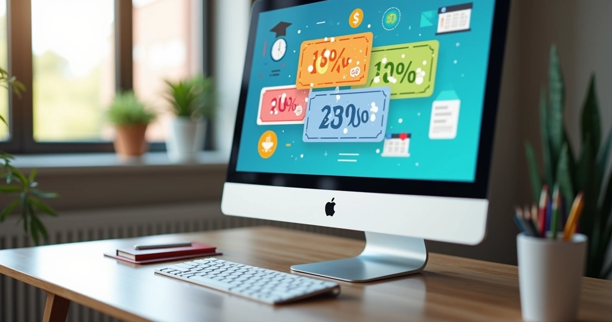 Tela de computador mostrando cupons promocionais digitais com descontos para cursos online em uma interface moderna 