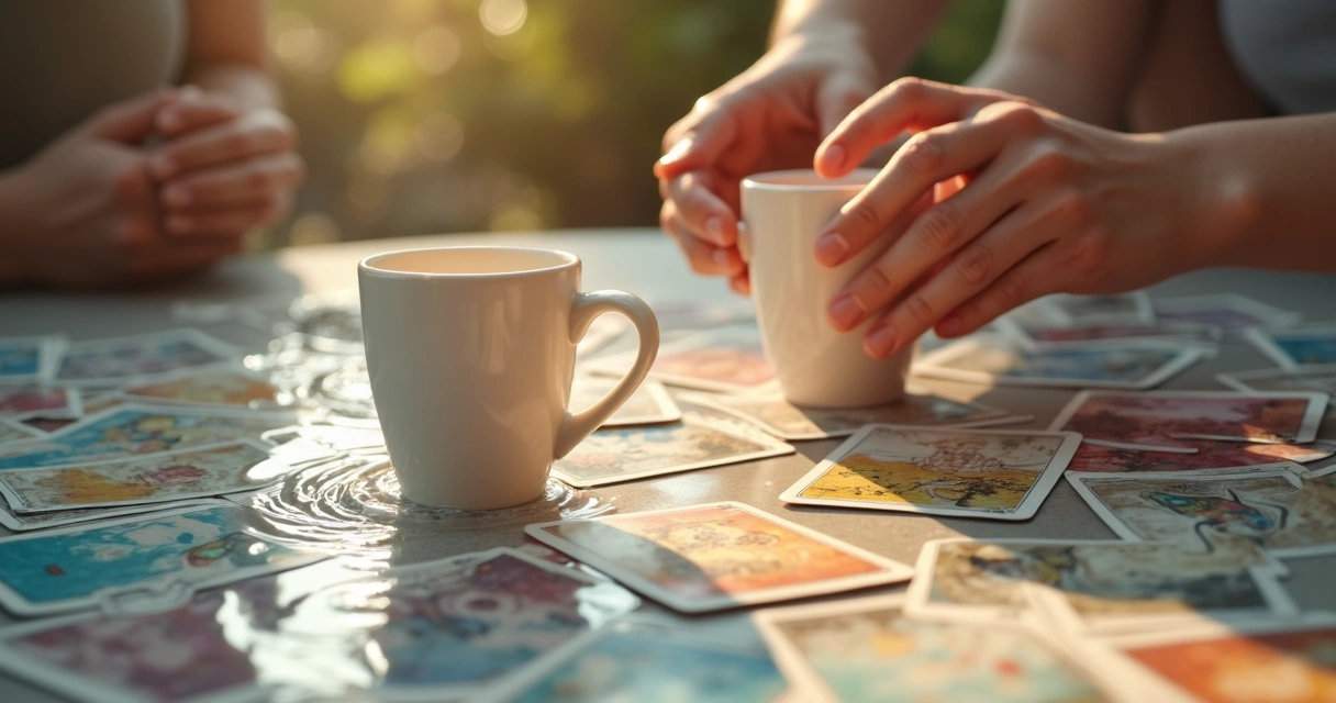 Cups tarot cards with flowing water, symbolizing emotions 