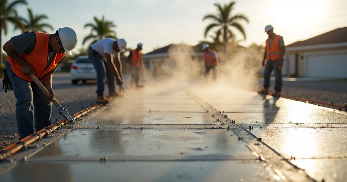 Equipe técnica monitorando cura acelerada de concreto exposto em um canteiro, com sensores e vapor ao fundo