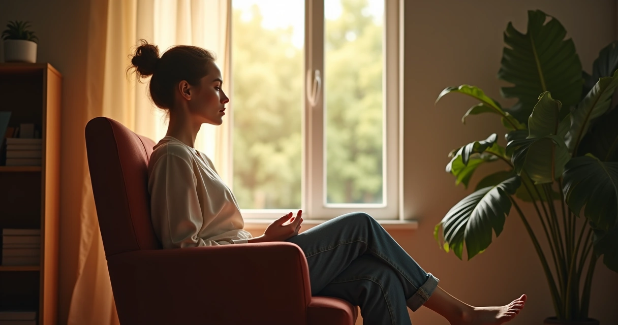 Pessoa sentada ponderando, luz suave iluminando ao redor, expressão de introspecção 