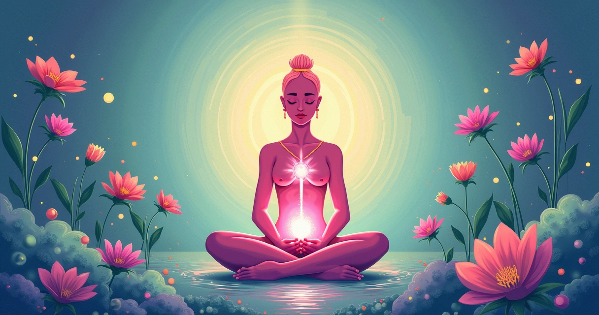 Ilustração de mãos segurando ametista, com outros cristais em um fundo sereno de luz suave e cores tranquilas.