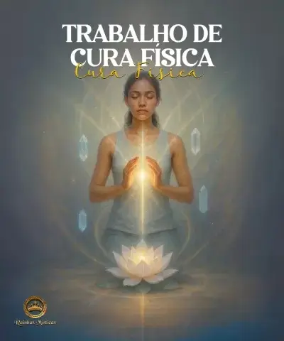 Mulher meditando com luz dourada nas mãos e flores de lótus ao redor simbolizando cura física