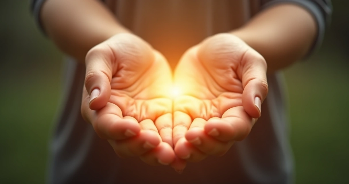 Mãos abertas com luz suave entre elas 