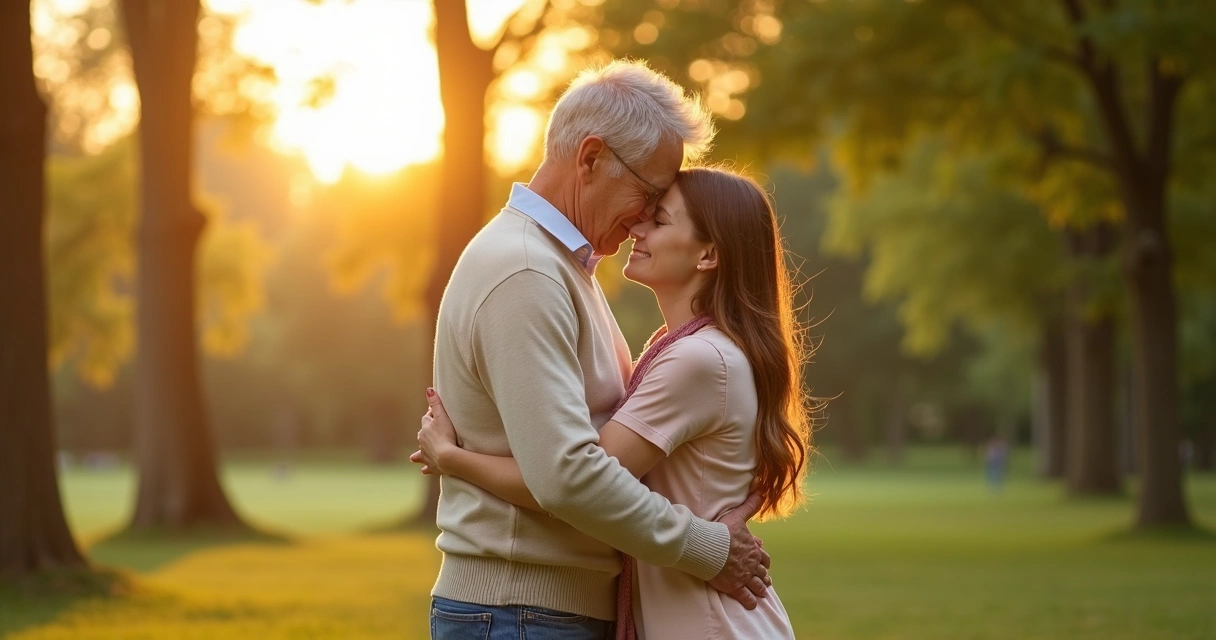 Mulher abraçando o pai em um parque ao pôr do sol 