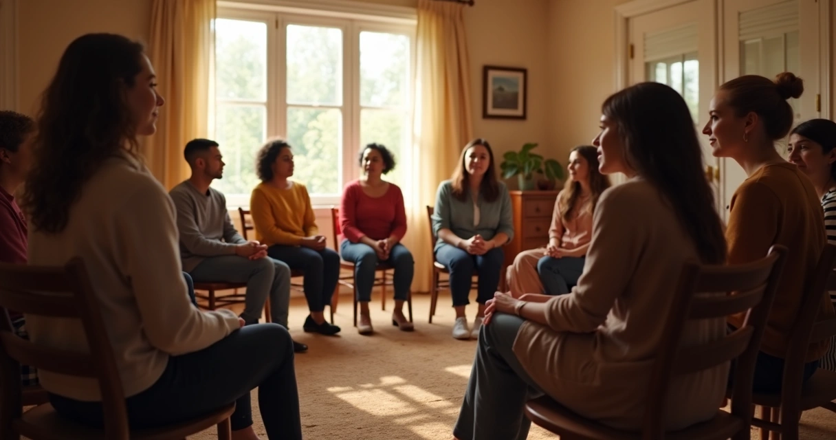 Grupo em círculo em sessão terapêutica com luz suave 
