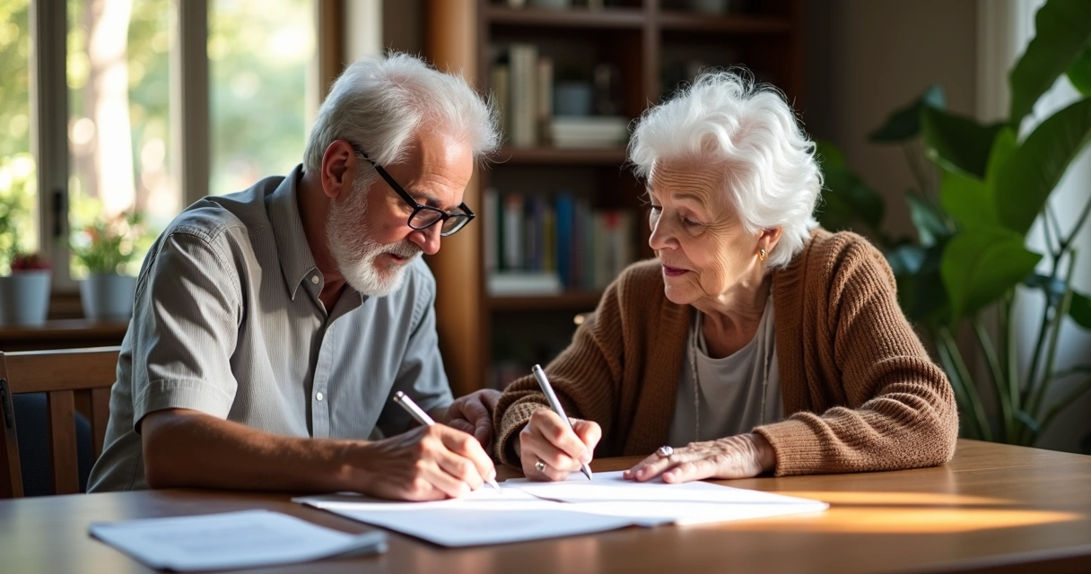 Curador e idoso analisam juntos papéis em escritório iluminado