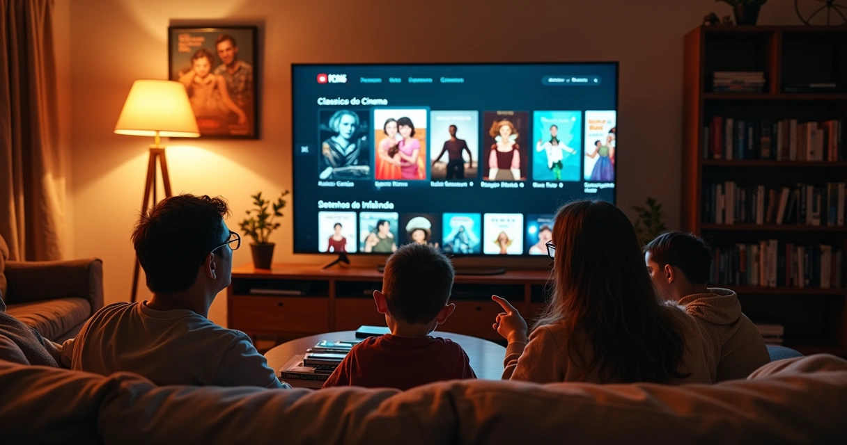 Tela de streaming com mosaico de filmes e séries clássicos organizada por um curador 