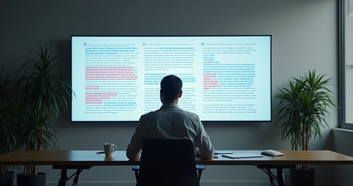 Profissional revisando documentos digitais em tela grande 