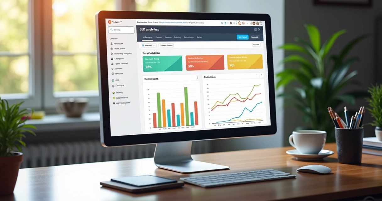 Monitor de computador com gráficos de tendências de blog e interface de automação 