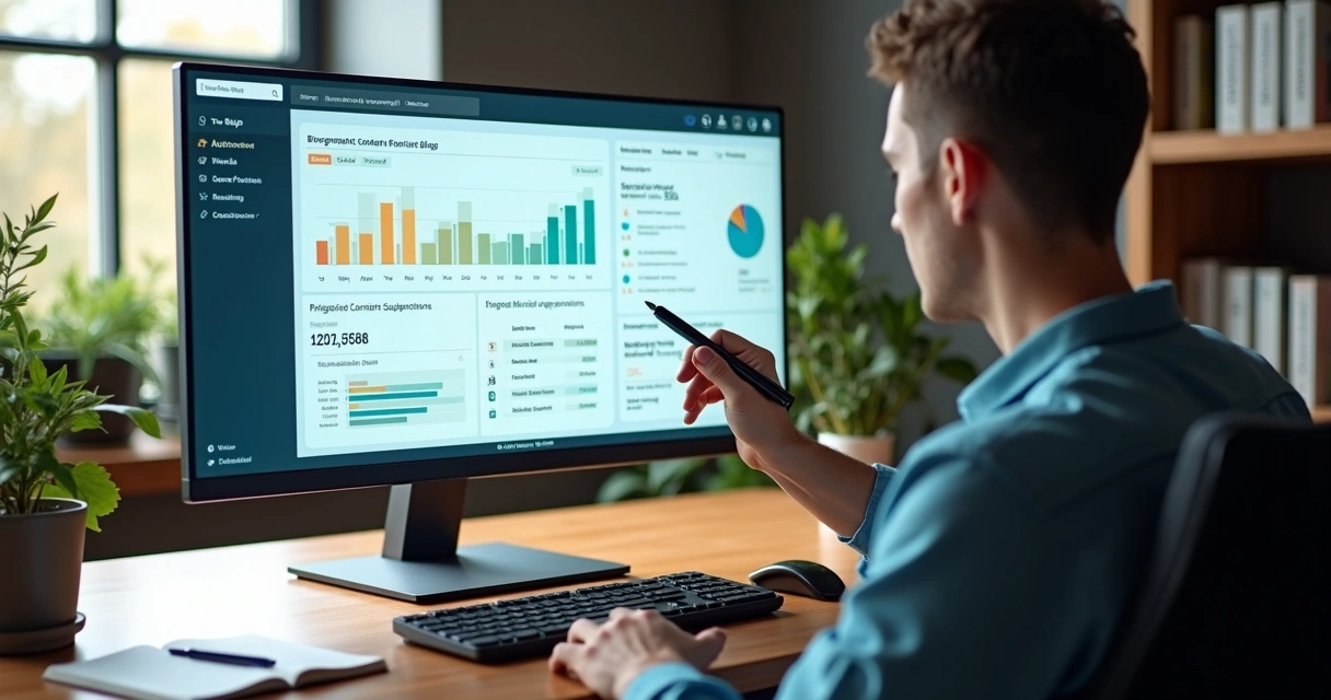 Painel com profissional analisando curadoria automatizada para blogs de nicho 