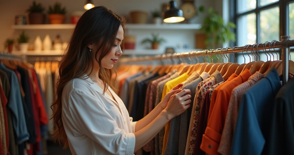 Consultora de moda avalia roupas em um brechó premium 
