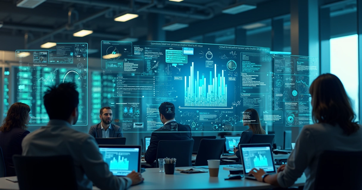 Computadores e telas exibindo gráficos e dados organizados em ambiente corporativo moderno 