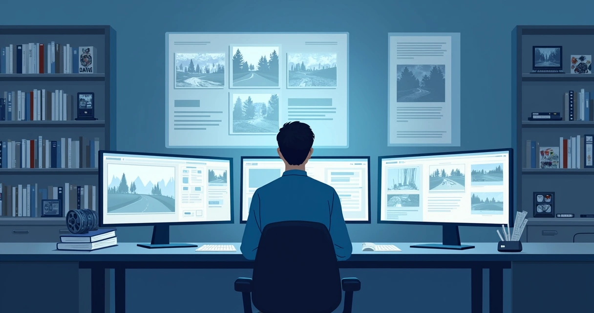 Curador selecionando filmes clássicos em ambiente digital com telas e fitas antigas 