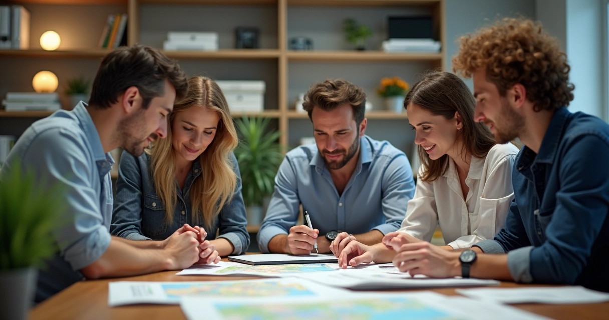 Curadoria de roteiro de viagem para grupo, consultor ao redor de laptop e mapas em sala de reunião 