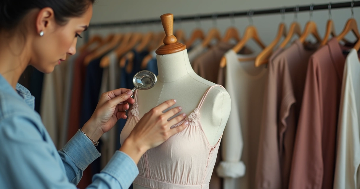 Consultora de moda analisando peça de roupa com lupa 