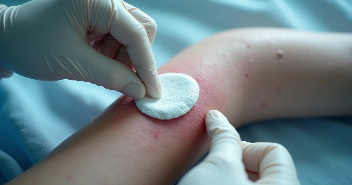 Mãos com luvas realizando curativo em lesão por pressão em estágio 2 em paciente idoso 