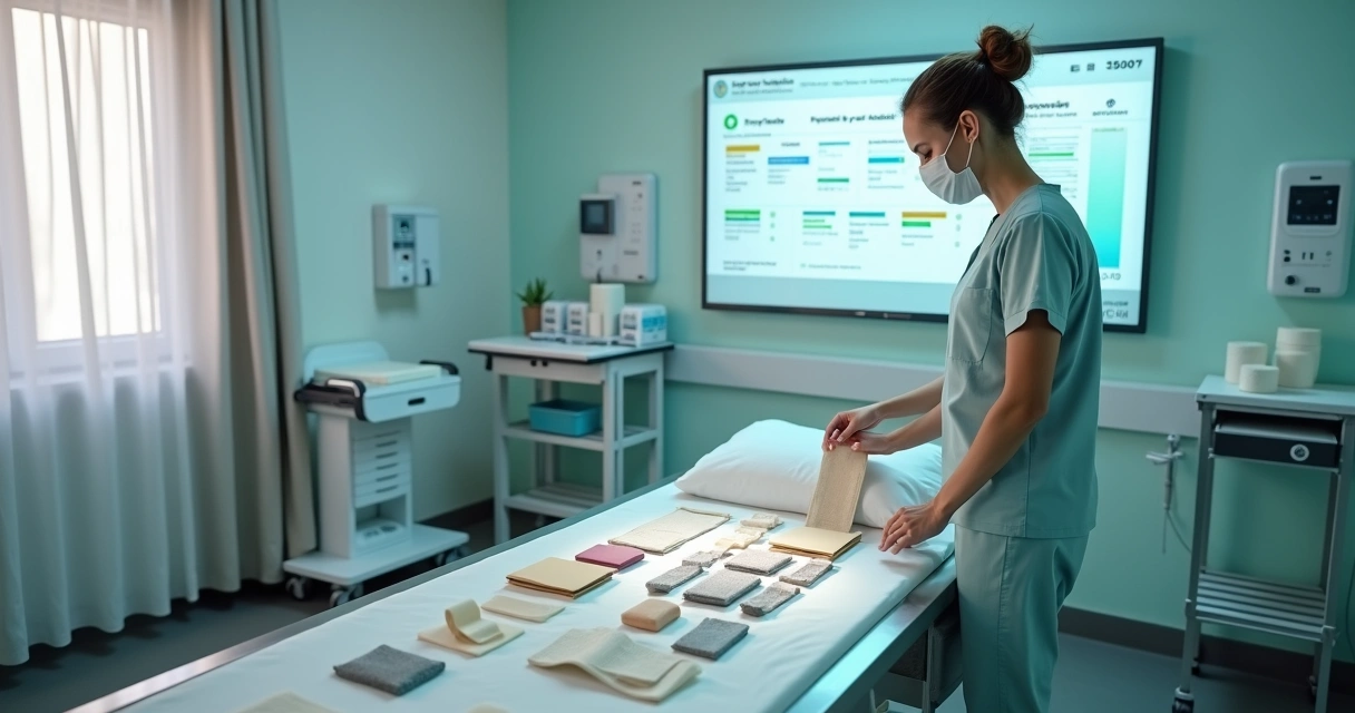 Profissional seleciona curativo para lesão por pressão em maca com painel digital ao fundo 