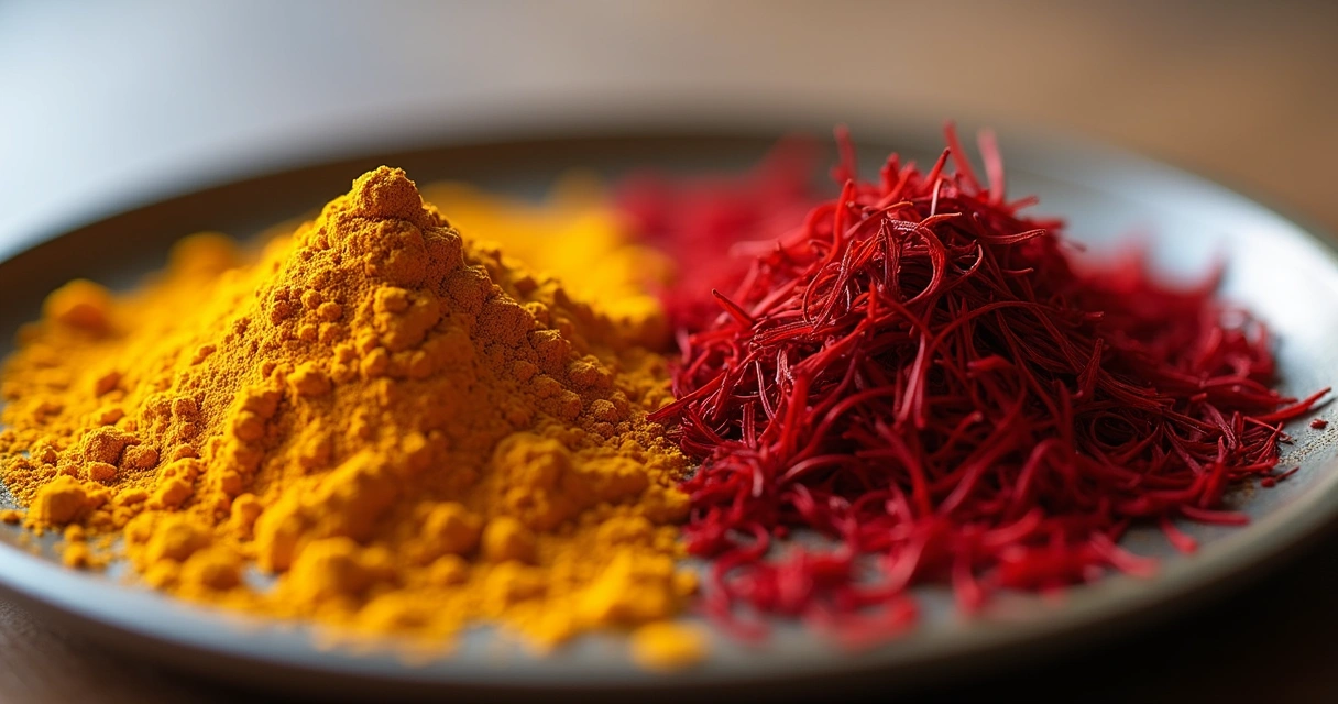 Cúrcuma em pó ao lado de pistilos de açafrão verdadeiro em placas separadas. 
