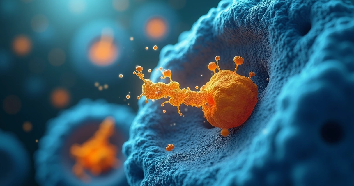 Ilustração detalhada de molécula de curcumina atuando dentro de uma célula. 