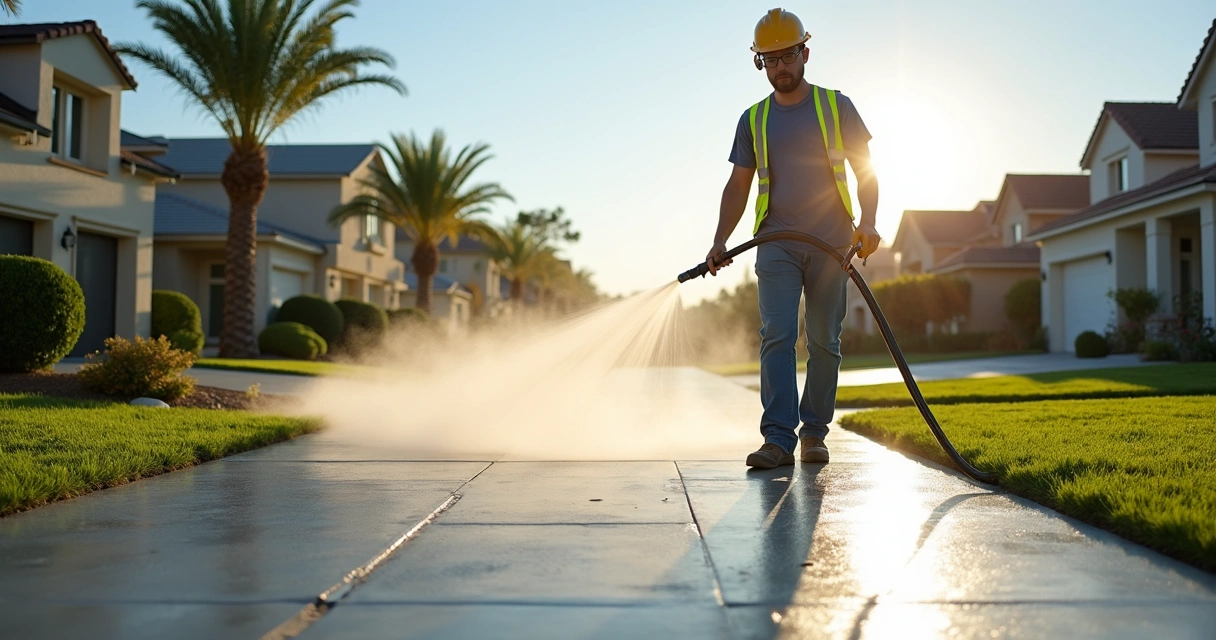 Worker lightly spraying new concrete driveway 