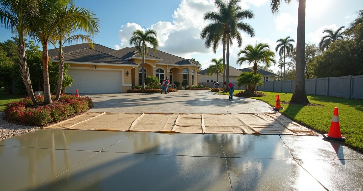 Concrete driveway being properly cured with plastic sheets and wet surface 