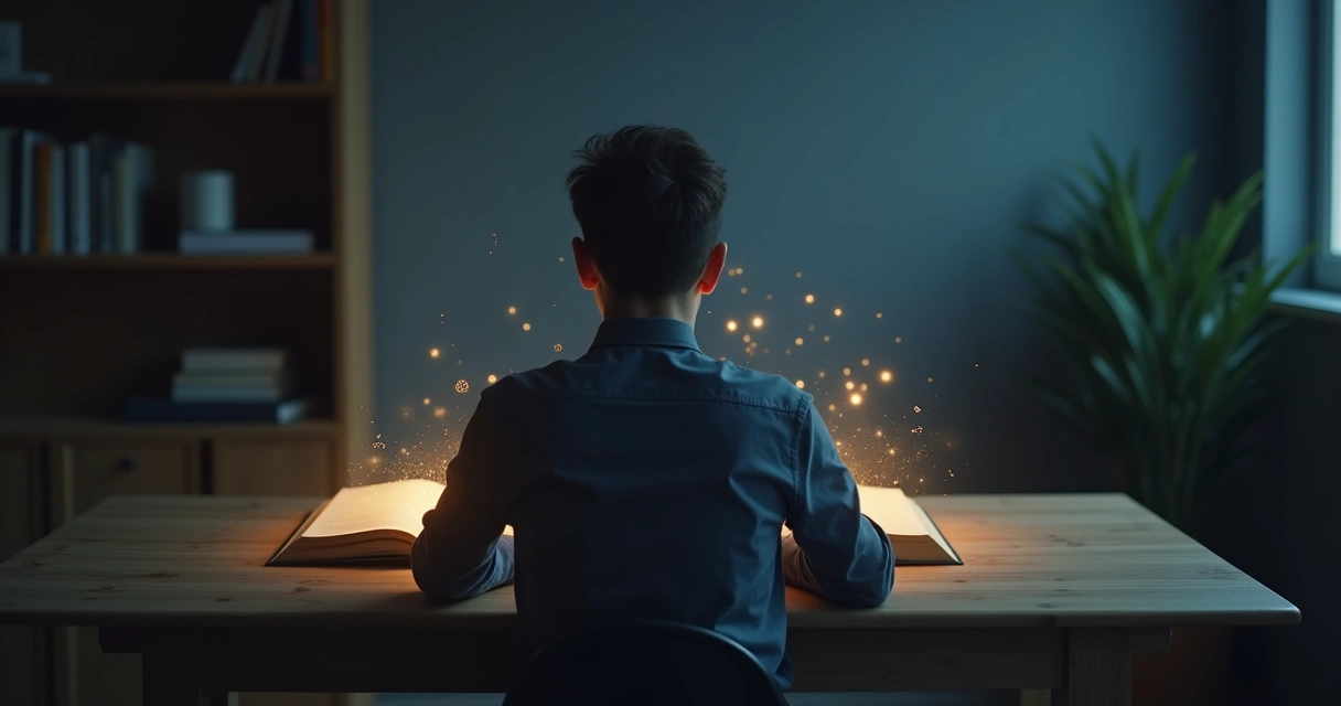 Pessoa observando luz saindo de um livro em ambiente escuro e contemplativo 