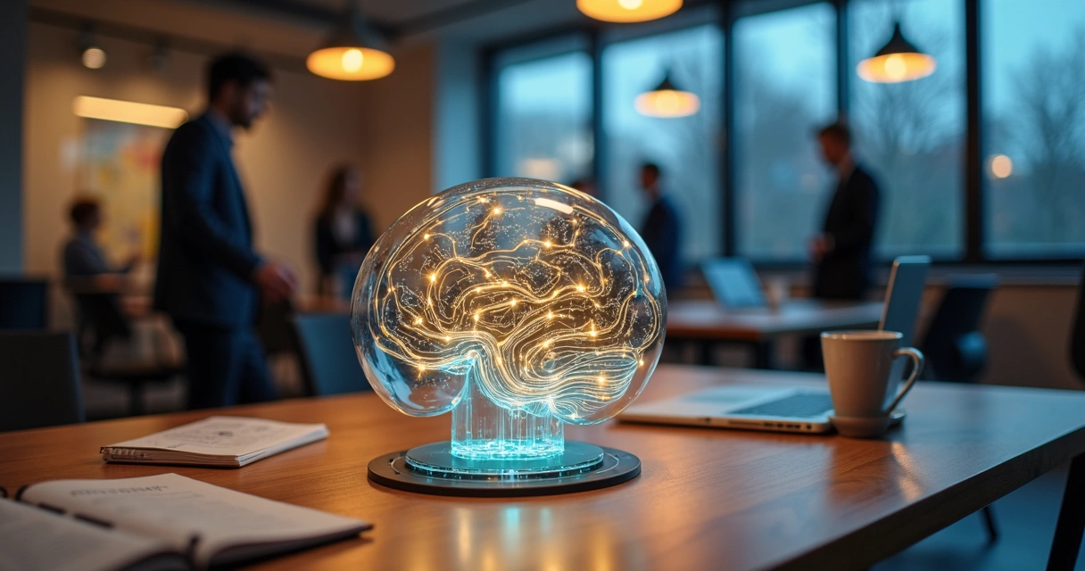 Profissional observa maquete de labirinto luminoso em formato de cérebro sobre mesa de trabalho 