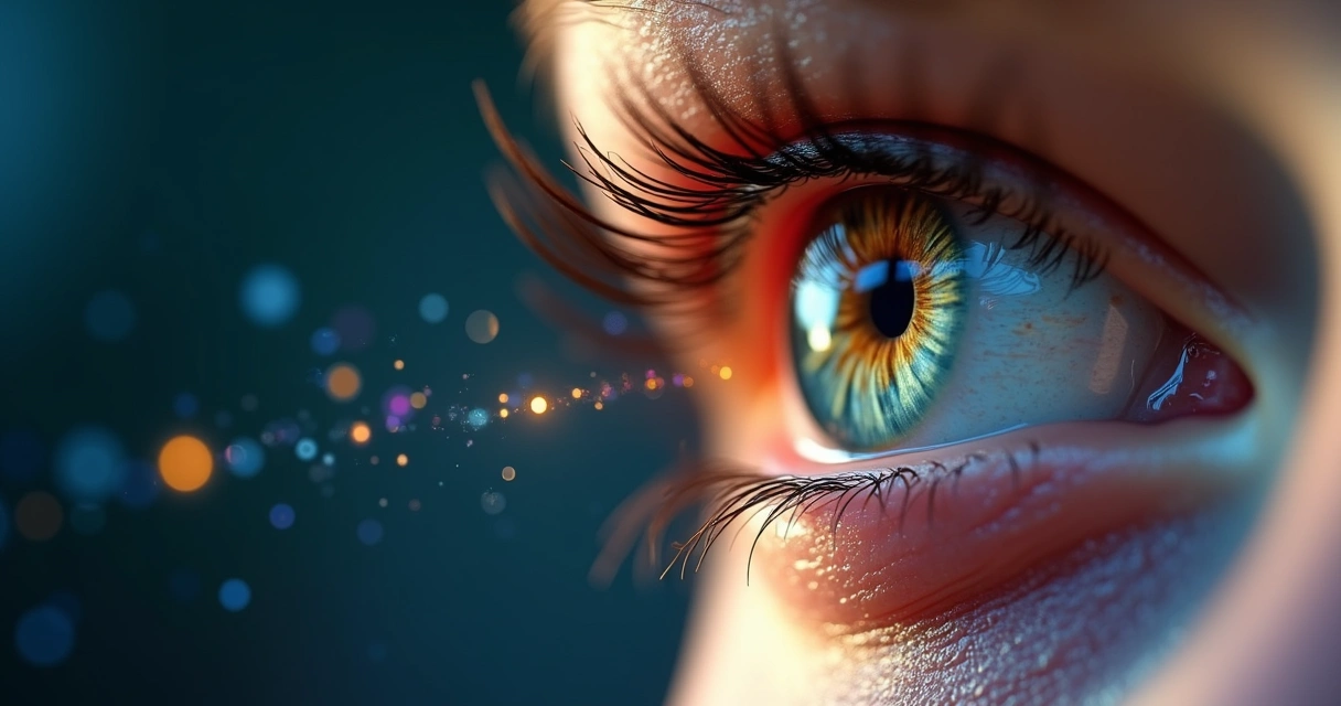 Olho humano em close iluminado por luzes coloridas que simbolizam curiosidades sobre a visão 
