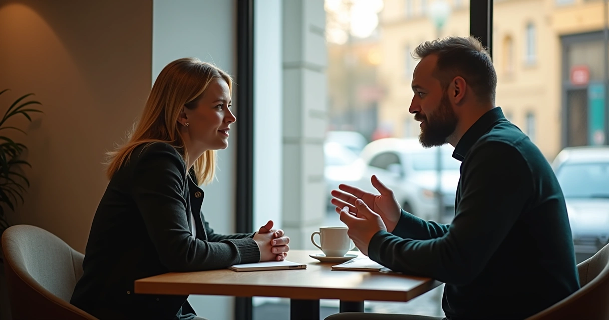Two people in a thoughtful conversation at a cafe