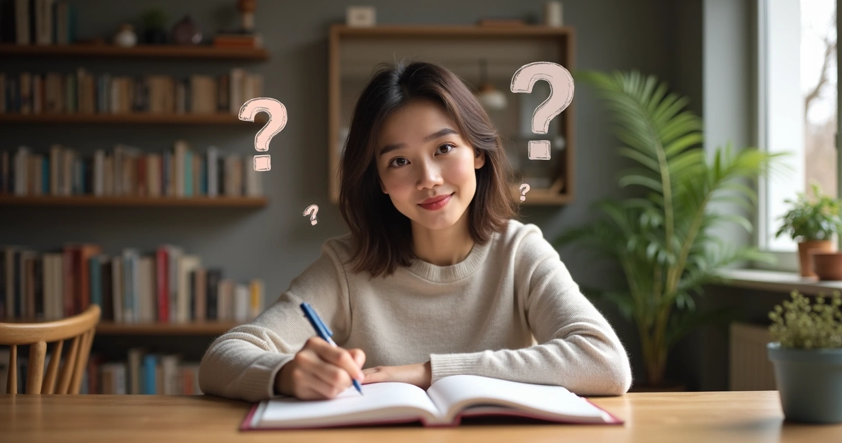 Woman writing in a journal with a thoughtful face, surrounded by question marks