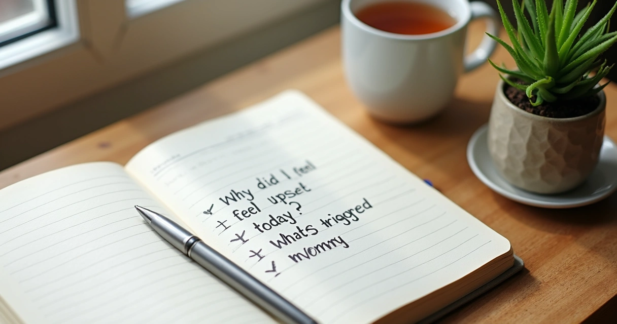 Open notebook with handwritten questions and a thoughtful pen nearby on a wooden table 