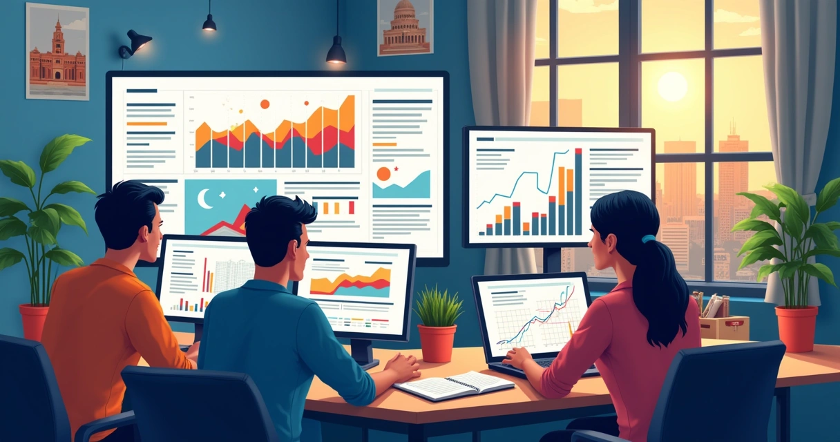 Especialistas em marketing digital analisando gráficos em escritório moderno em Curitiba 