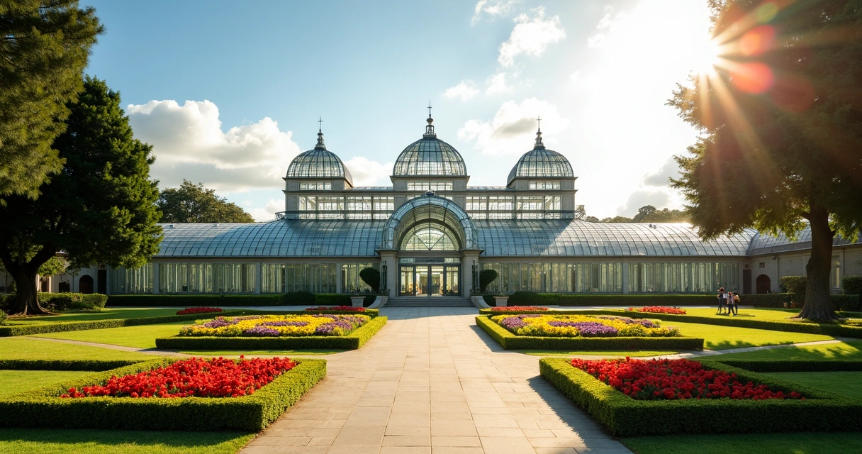 Vista ampla do Jardim Botânico de Curitiba com estufa de vidro e jardins floridos 