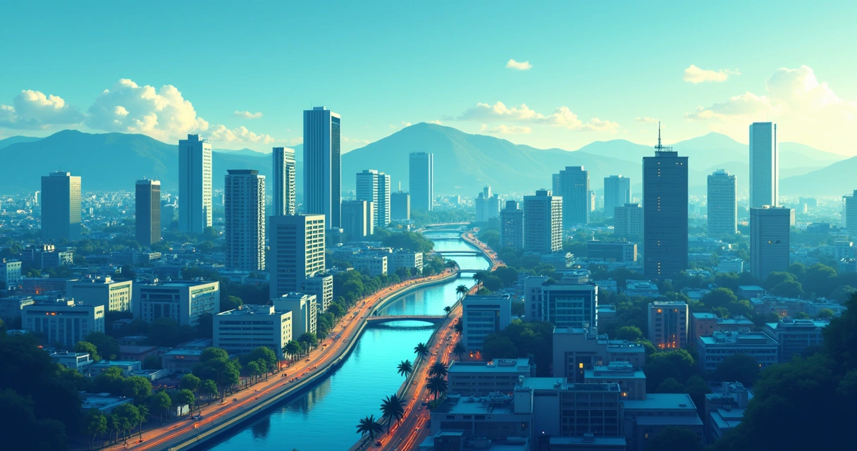 Vista aérea do centro de Curitiba com elementos digitais sobrepostos 